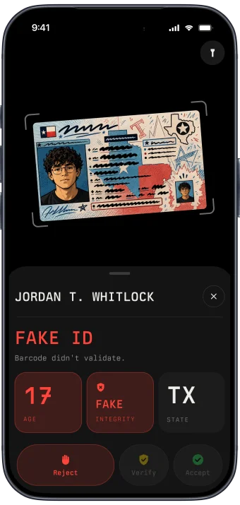 Bouncr on iPhone flags a scanned ID as fake, showing age 17 and a failed integrity check.