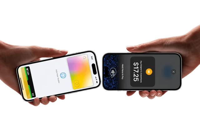 A guest taps their phone against a Bouncr iPhone to pay a $17.25 cover charge.