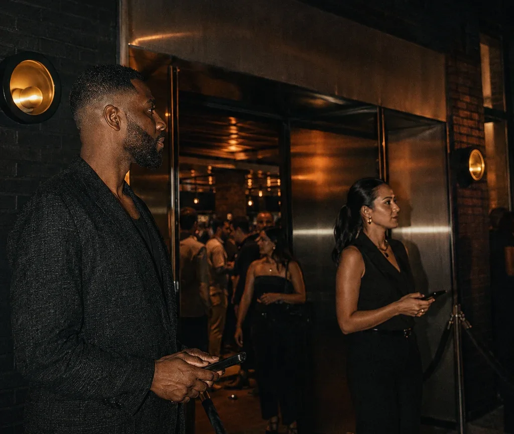 Door staff welcoming guests at a lively bar at night.
